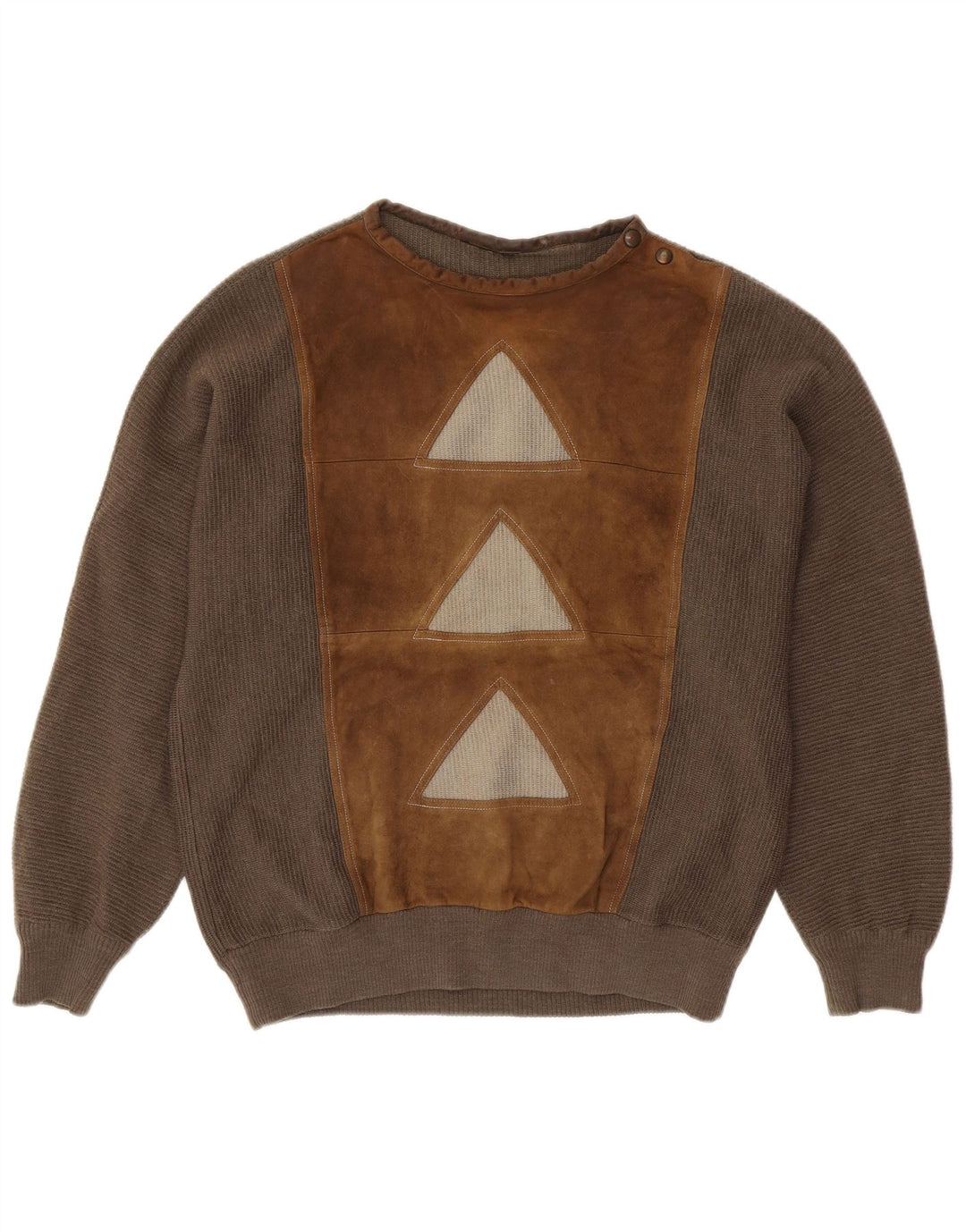 Suéter masculino VINTAGE com gola redonda e lã geométrica marrom grande