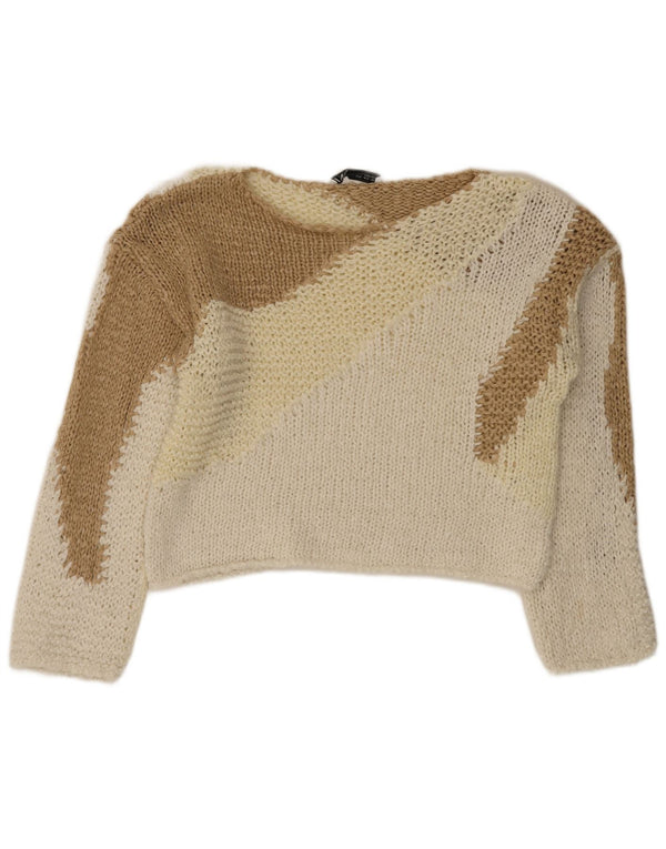 Zara Suéter feminino cropped com gola canoa UK 10 pequeno bloco colorido branco