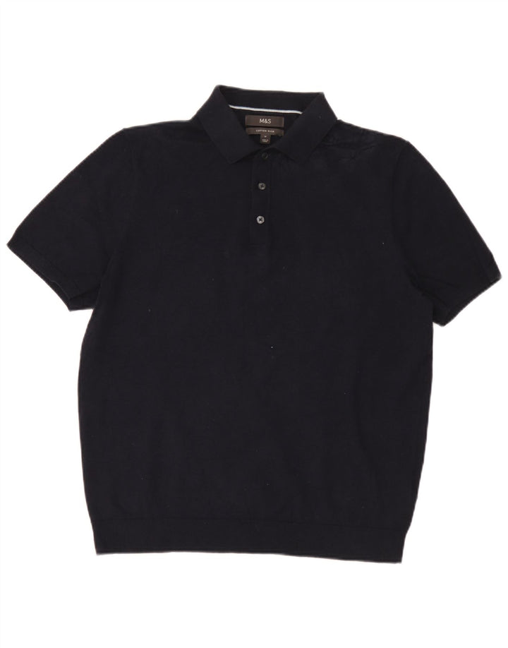 Suéter masculino Marks & Spencer de manga curta com gola polo, azul marinho médio