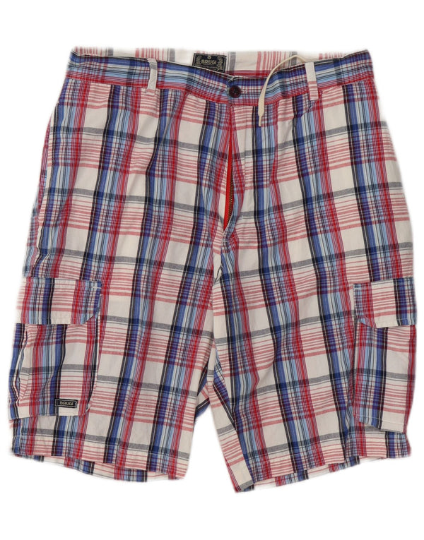 Brugi Mens Cargo Shorts Grande W34 Azul Xadrez Algodão