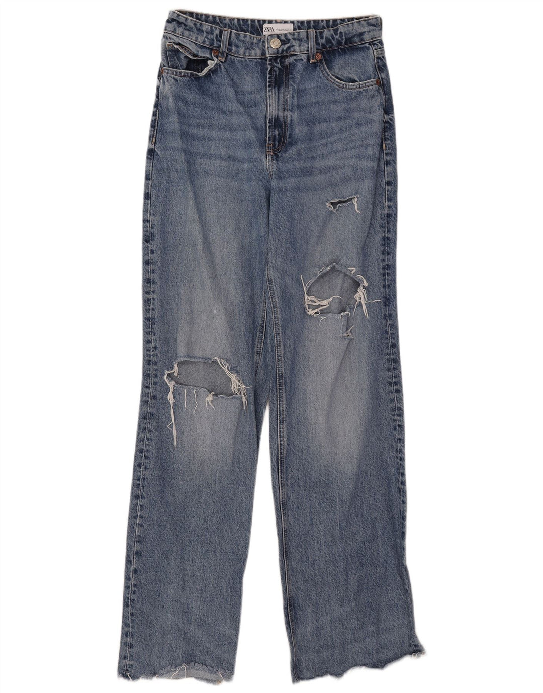 Calça jeans feminina Zara com perna larga desgastada EU 40 médio W30 L33 algodão azul