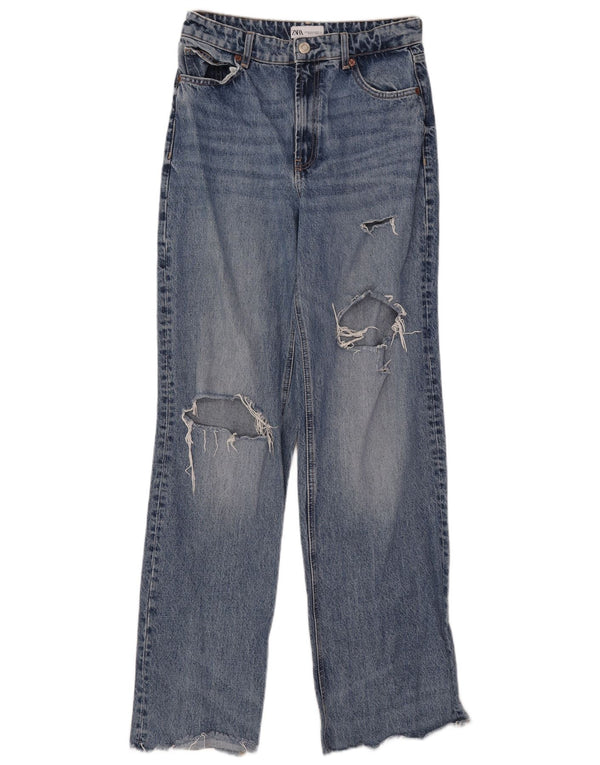 Calça jeans feminina Zara com perna larga desgastada EU 40 médio W30 L33 algodão azul
