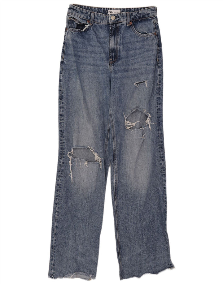 Calça jeans feminina Zara com perna larga desgastada EU 40 médio W30 L33 algodão azul
