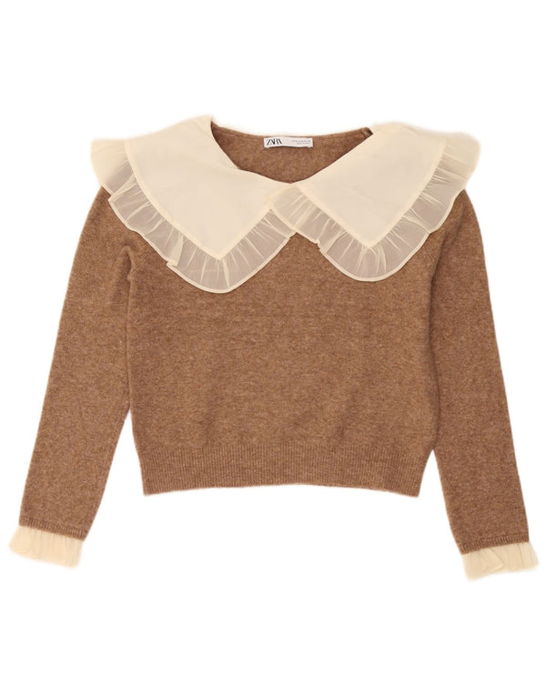 Zara Suéter feminino cropped com gola canoa Reino Unido 12 bloco colorido marrom médio