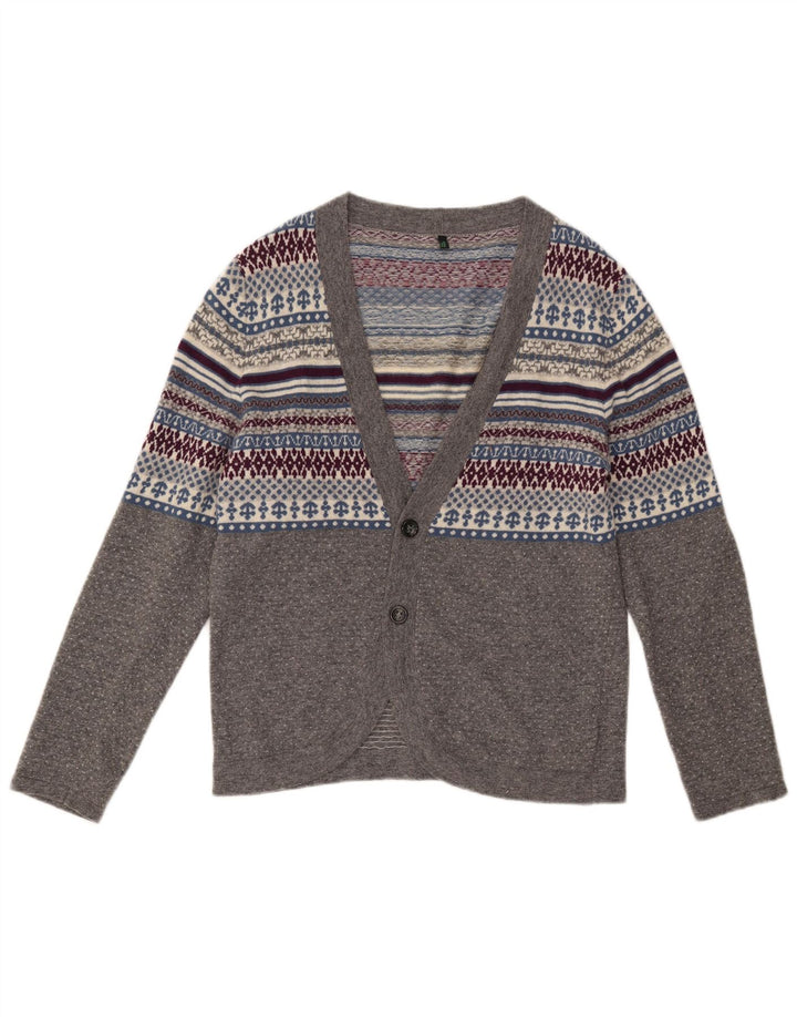 Suéter cardigã feminino Benetton Reino Unido 14 lã Fair Isle cinza médio