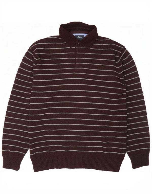 Suéter masculino Marks & Spencer com gola polo, grande lã listrada cor de vinho