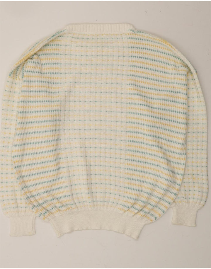 VINTAGE Mens Crew Neck Jumper Sweater Large White Striped Cotton Vintage Vintage and Second-Hand Vintage from Messina Hembry 