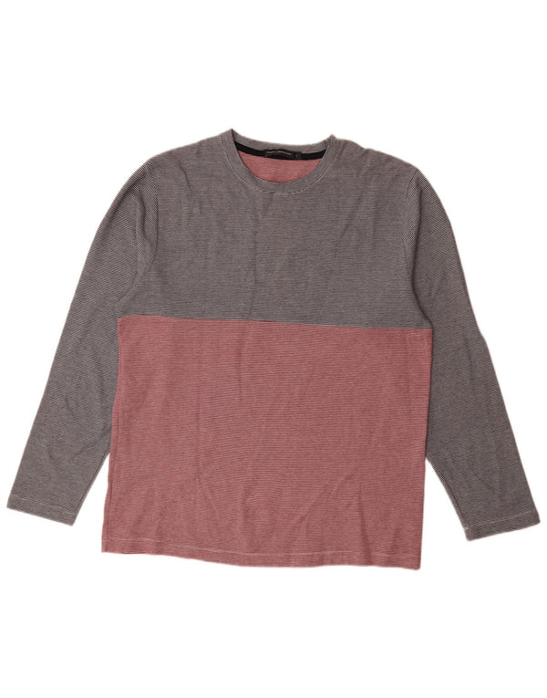 French Connection Mens Top Manga Longa Grande Algodão Listrado Cinza