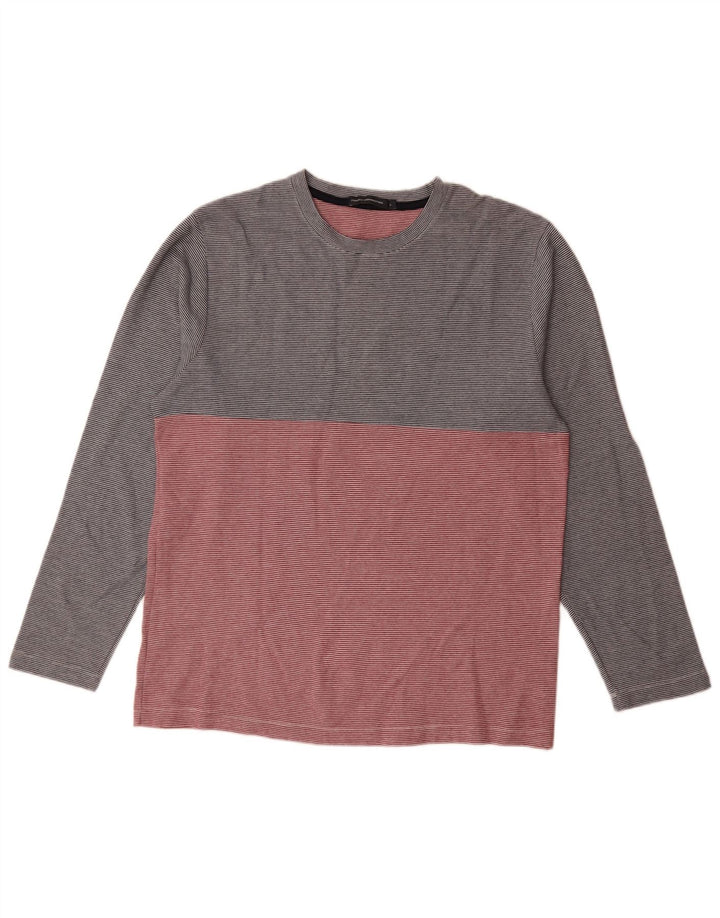 French Connection Mens Top Manga Longa Grande Algodão Listrado Cinza
