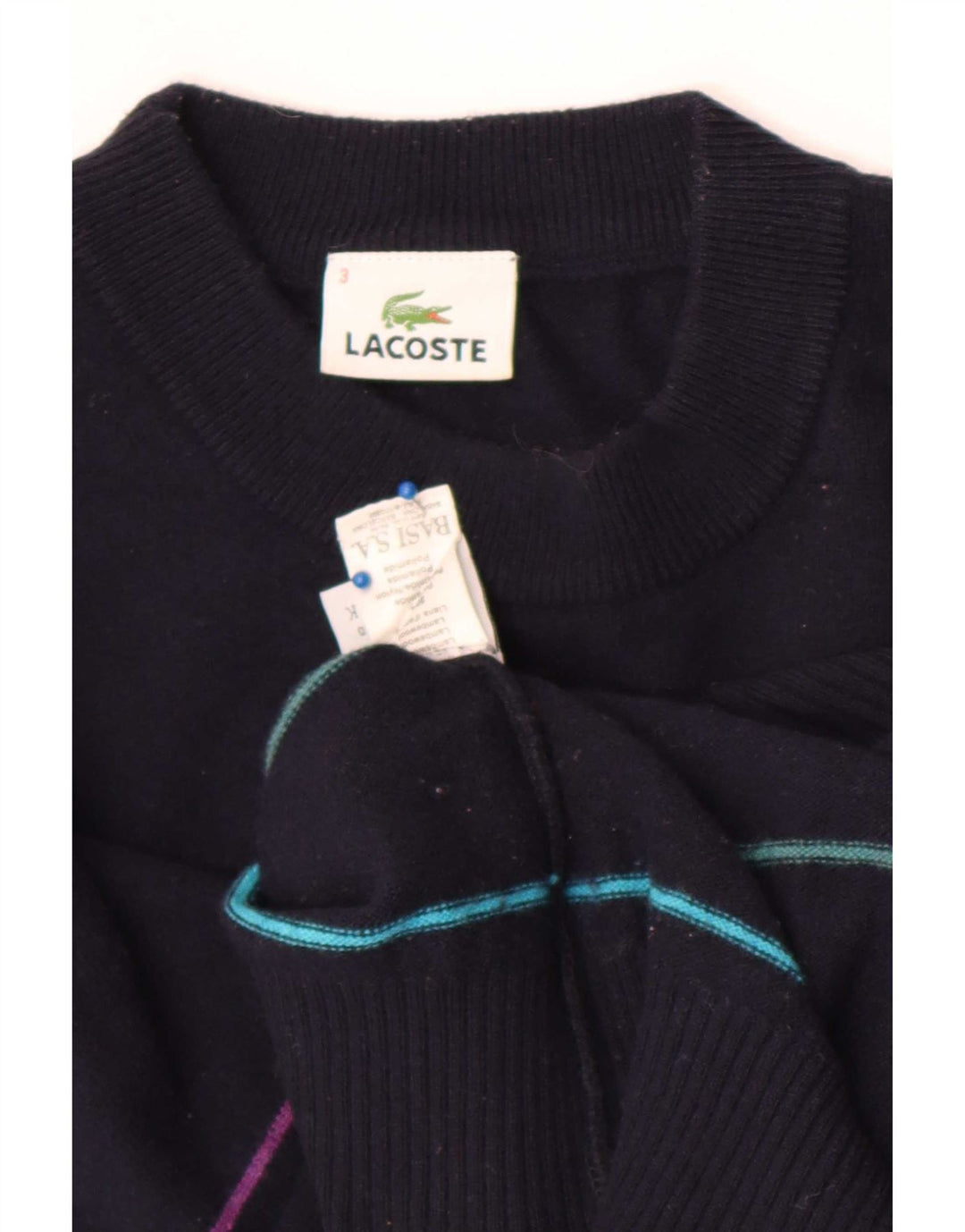 Suéter masculino Lacoste com gola redonda tamanho 3 pequeno listrado azul marinho