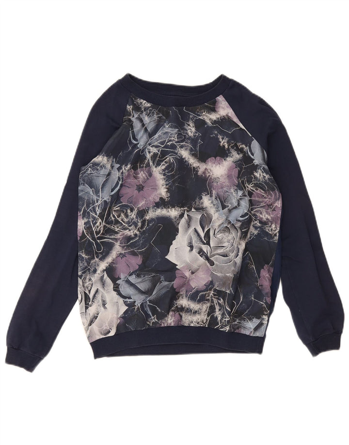Suéter de moletom grande feminino Guess Reino Unido 6 XS azul marinho floral poliéster