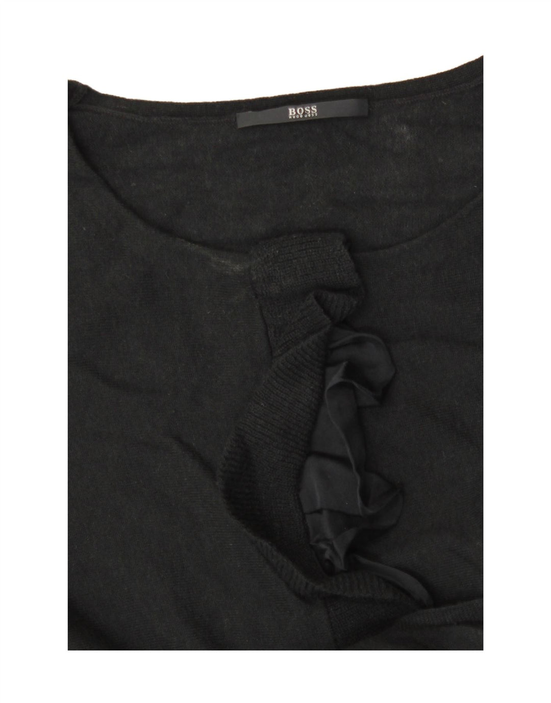 Suéter feminino Hugo Boss com babados na frente e gola redonda Reino Unido 8 pequeno preto