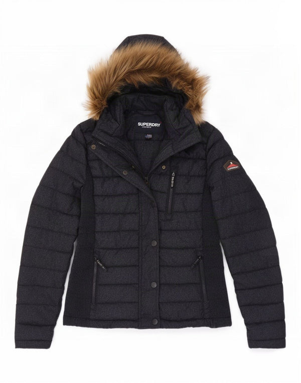 Jaqueta acolchoada com capuz feminina Superdry UK 18 XL azul marinho manchado de nylon