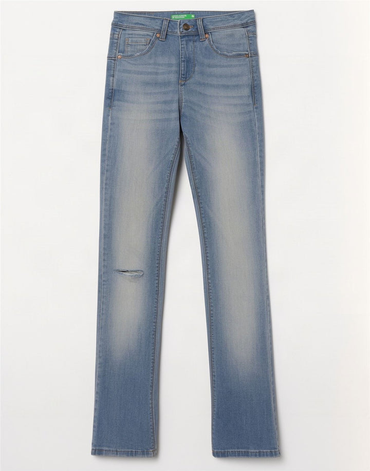 Benetton Jeans feminino slim bootcut desgastado W26 L31 azul