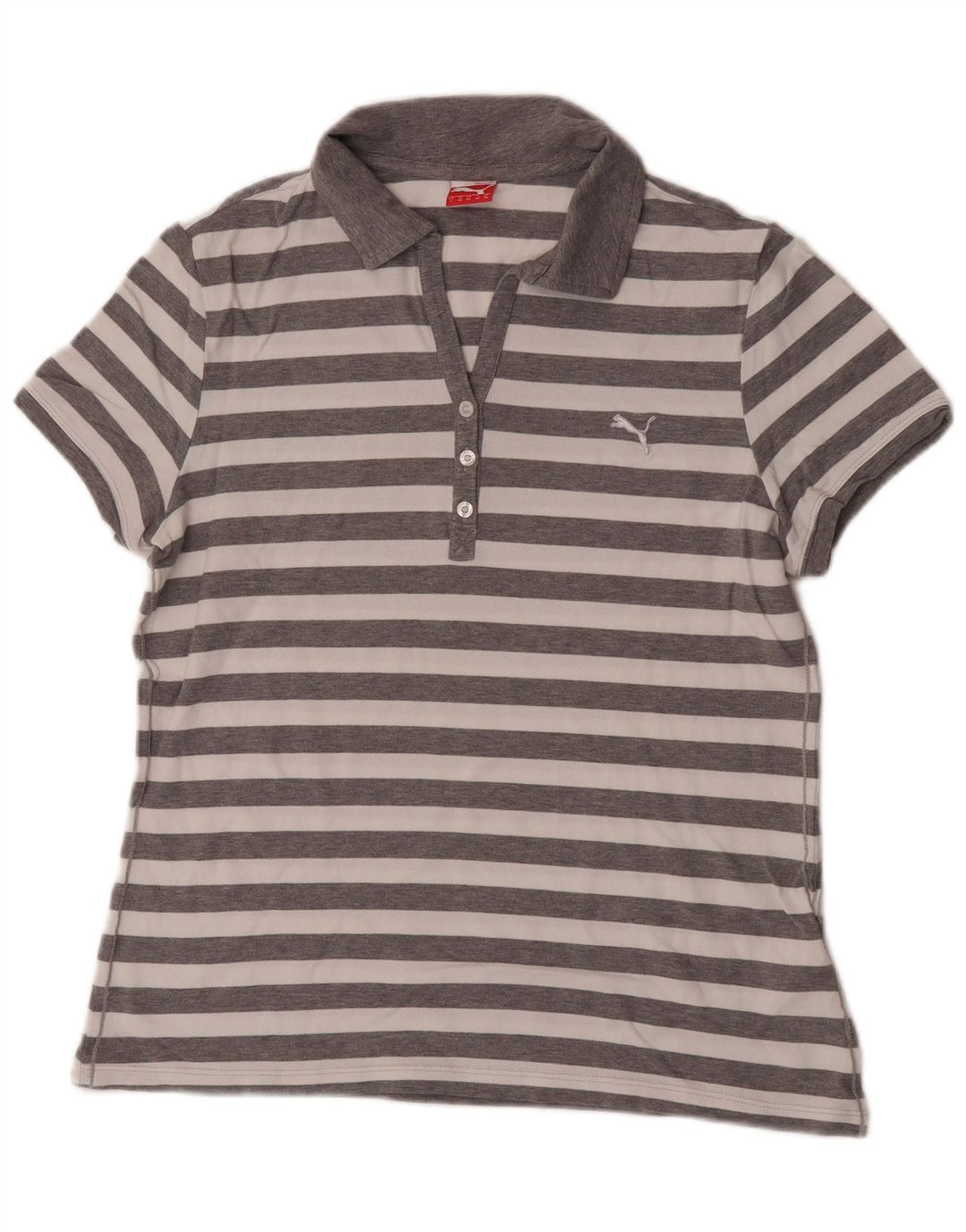 Camisa polo feminina Puma UK 14 algodão listrado cinza médio