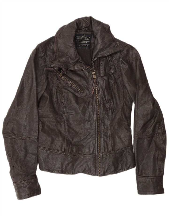 Jaqueta feminina All Saints Biker UK 8 pequena couro marrom