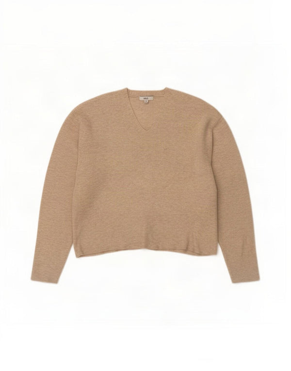 Suéter feminino Marks & Spencer com decote em V Reino Unido 18 XL bege manchado de viscose
