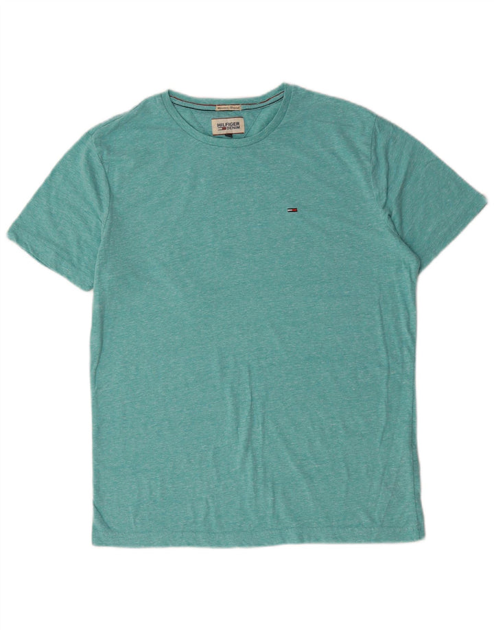 Camiseta masculina Tommy Hilfiger Top médio turquesa manchado de algodão