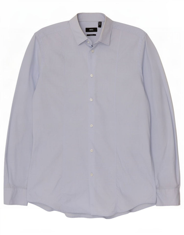 Camisa masculina Hugo Boss Slim Fit tamanho 40 15 3/4 algodão azul médio