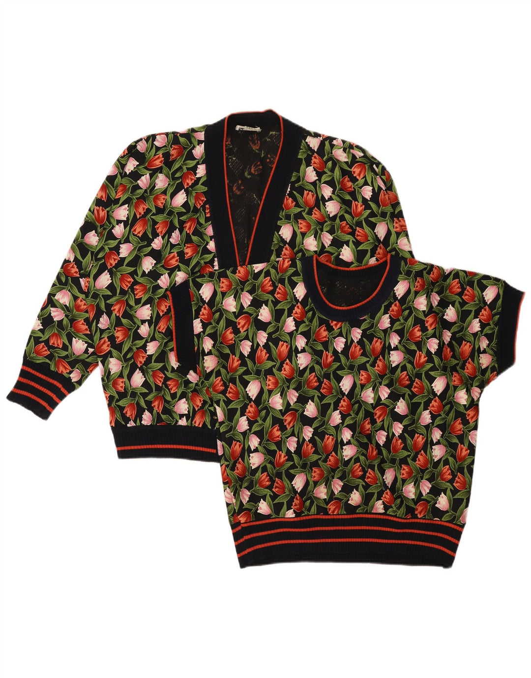 Conjunto feminino vintage de 2 peças UK 14 médio preto floral