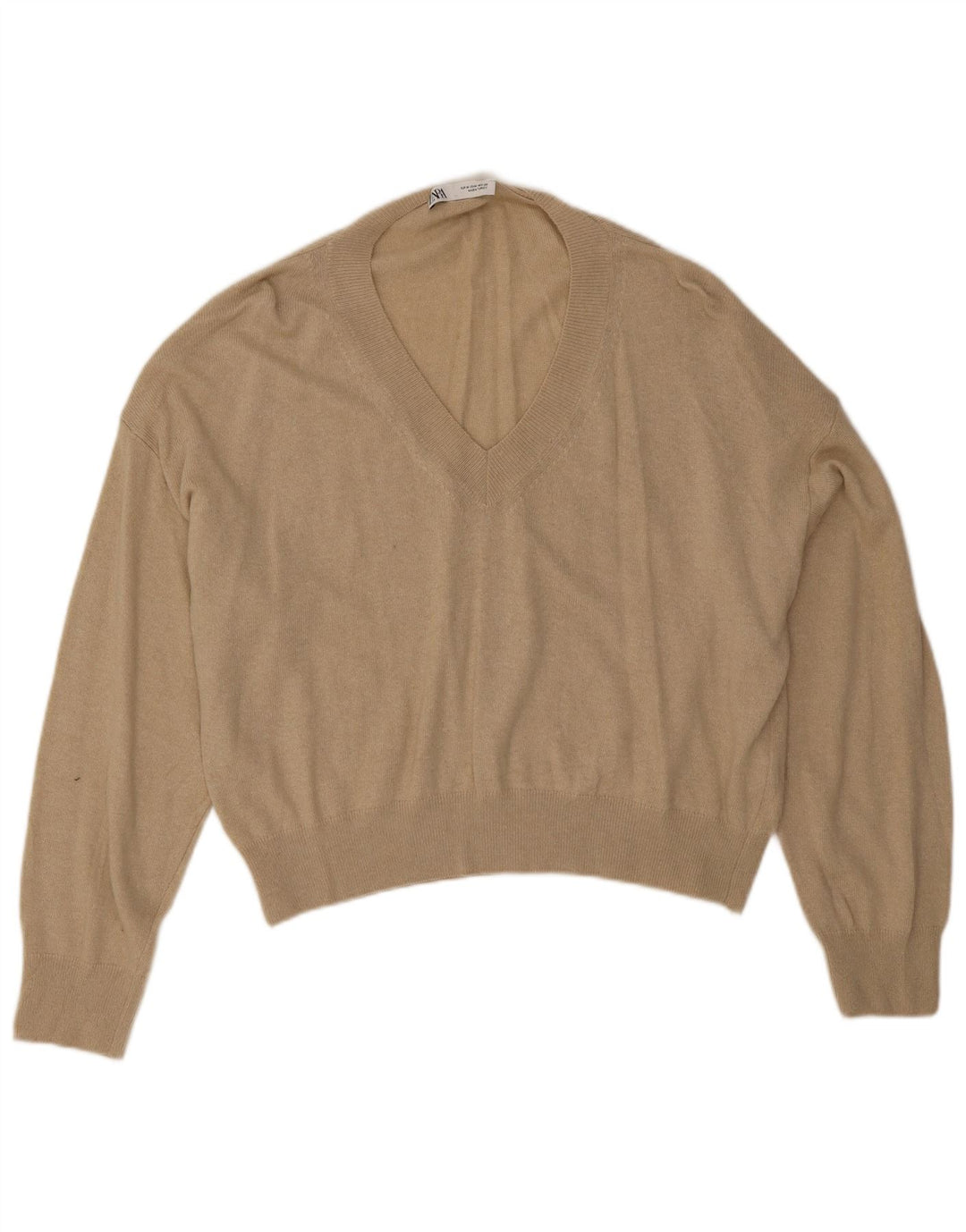 Suéter feminino Zara com decote em V superdimensionado Reino Unido 14 viscose bege médio