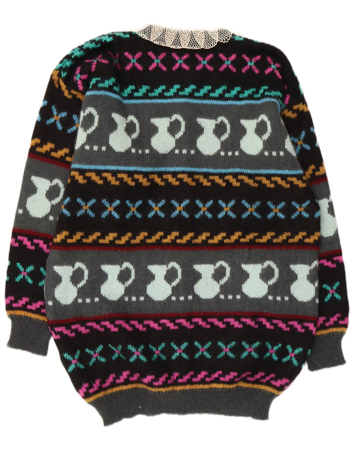 Suéter feminino vintage com padrão abstrato cardigan Reino Unido 10 pequeno multicolorido