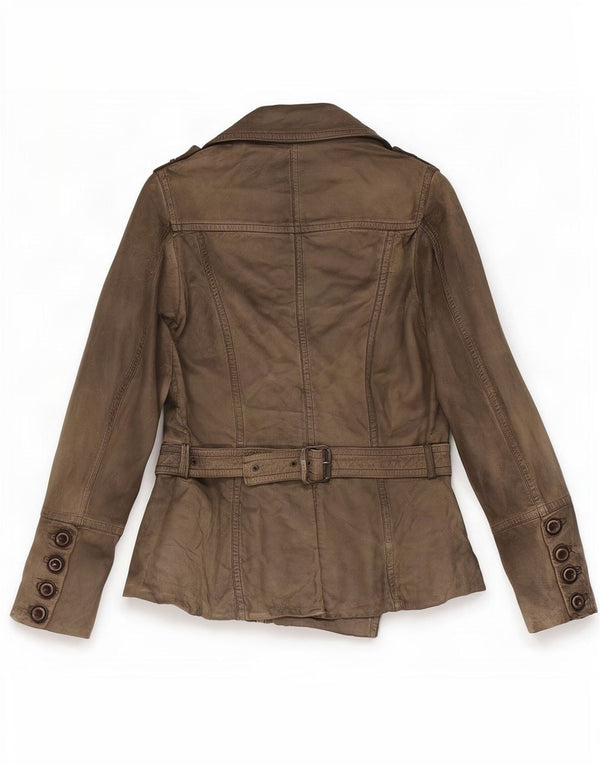 Jaqueta de couro vintage feminina militar com peito duplo UE 38 médio cáqui