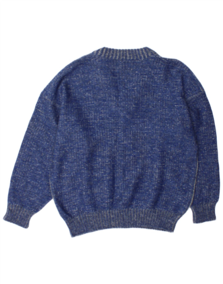 Suéter vintage masculino com decote em V grande bloco colorido azul