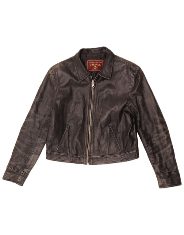 Jaqueta de couro vintage feminina UK 14 couro preto médio