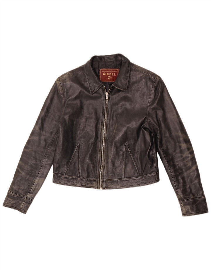 Jaqueta de couro vintage feminina UK 14 couro preto médio