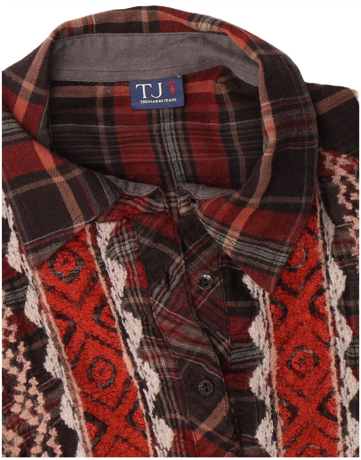Trussardi Camisa Longline Feminina Reino Unido 14 Médio Xadrez Borgonha