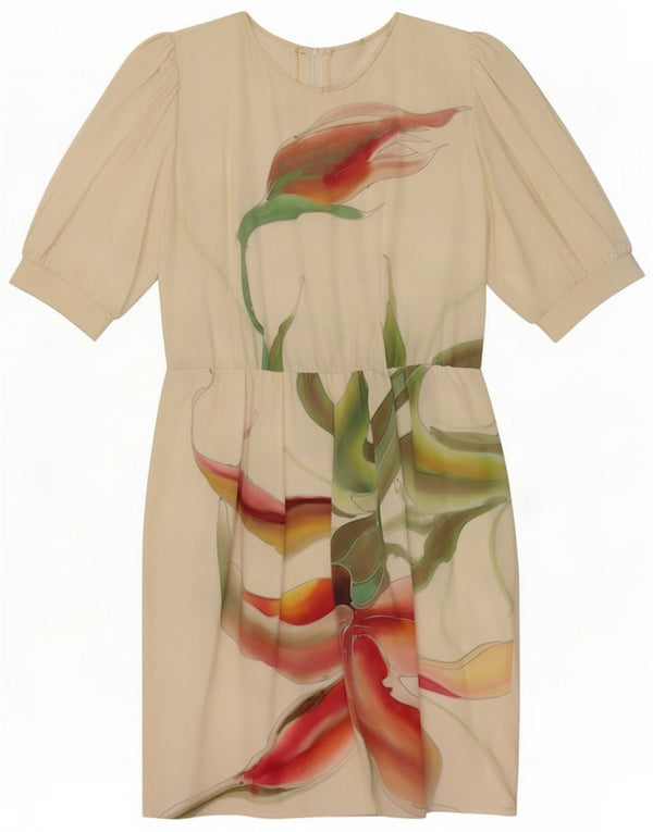 Vintage feminino gráfico bainha vestido UK 12 médio off white floral