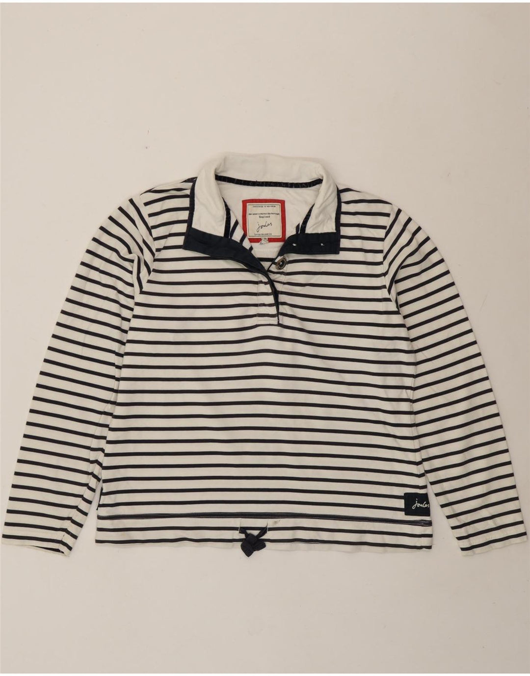 Suéter feminino Joules com gola redonda e botão UK 16 listrado branco grande