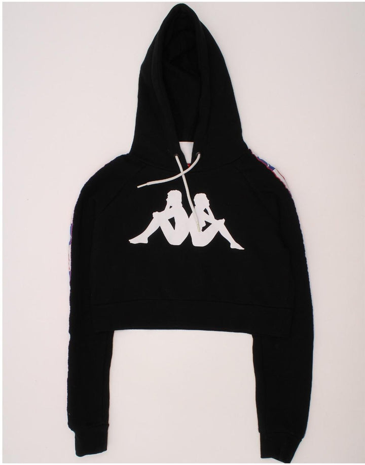 KAPPA Womens Graphic Crop Hoodie Jumper UK 6 XS Black Vintage Kappa and Second-Hand Kappa from Messina Hembry 