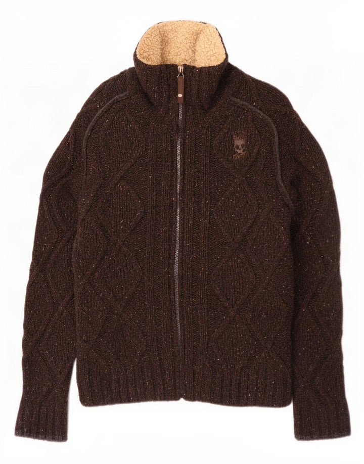 Jaqueta masculina de malha sherpa Energie Reino Unido 40 grande lã manchada marrom