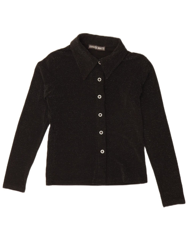 Blusa de camisa feminina vintage Reino Unido 8 poliéster preto pequeno