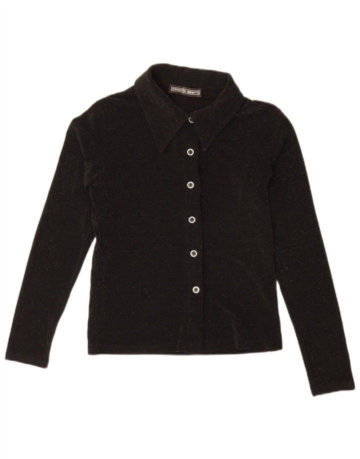 Blusa de camisa feminina vintage Reino Unido 8 poliéster preto pequeno