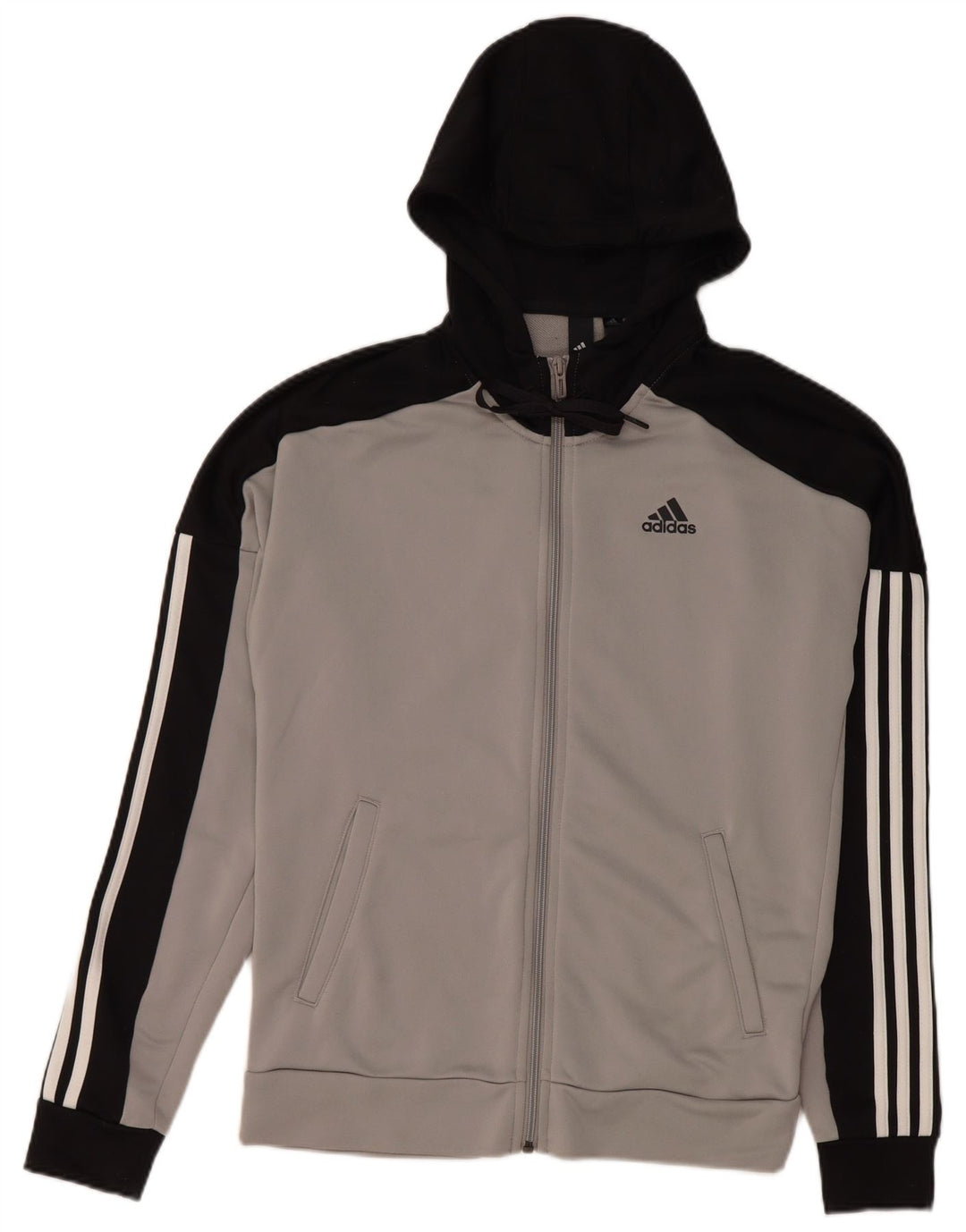 Adidas masculino zip moletom com capuz pequeno cinza colorblock poliéster
