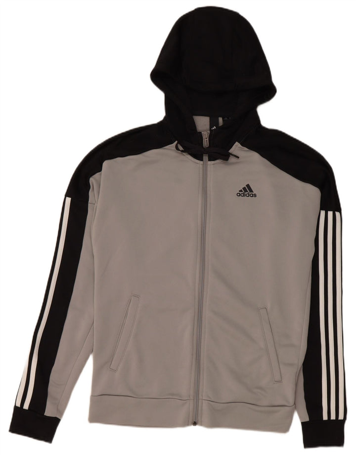 Adidas masculino zip moletom com capuz pequeno cinza colorblock poliéster