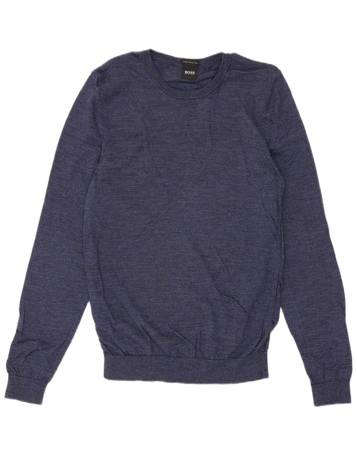 Suéter masculino Hugo Boss com gola redonda, lã azul marinho médio