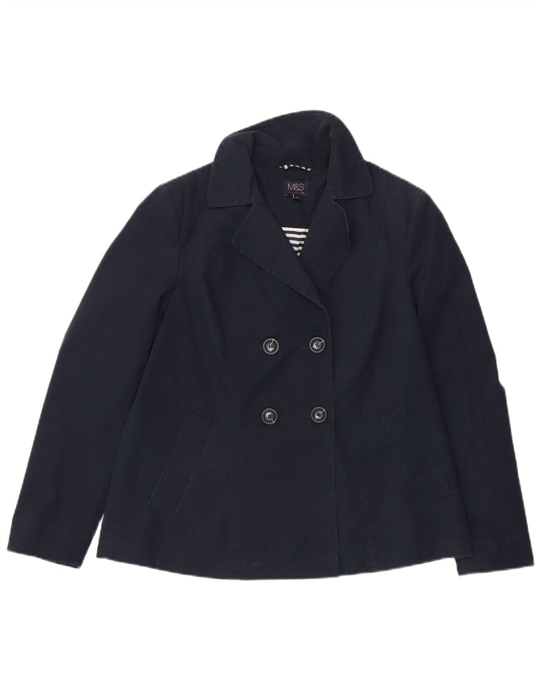 Casaco feminino Marks & Spencer Pea Coat UK 10 pequeno algodão azul marinho