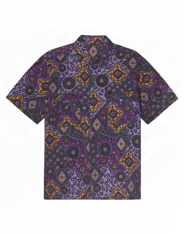 Camisa masculina vintage de manga curta grande paisley roxo