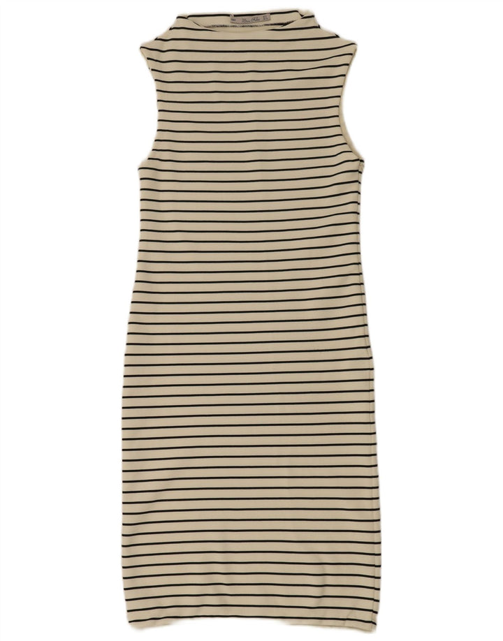 Vestido maxi feminino sem mangas Zara UK 10 pequeno poliéster listrado branco