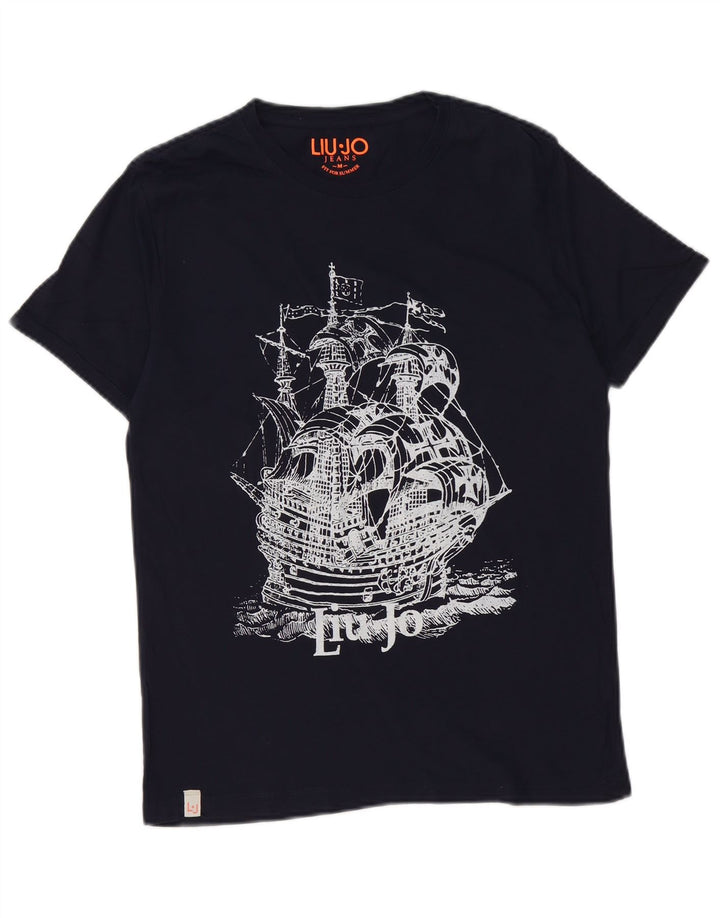 Liu Jo Camiseta masculina gráfica Top médio algodão azul marinho