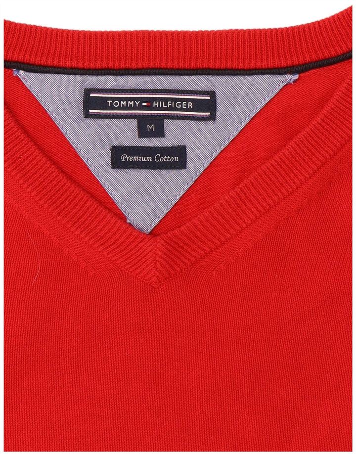 Suéter masculino Tommy Hilfiger com decote em V de algodão vermelho médio