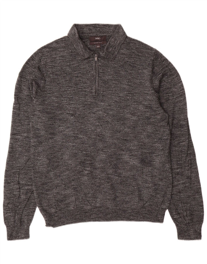 Suéter masculino Marks & Spencer com gola polo e algodão manchado cinza pequeno