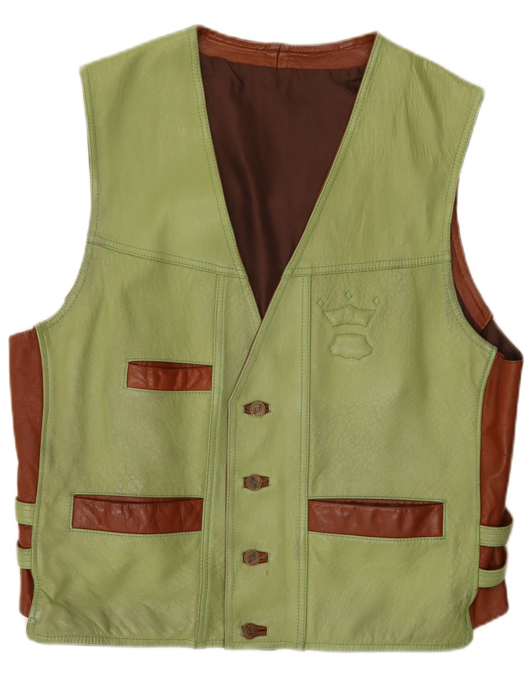 Colete de couro masculino vintage grande bloco colorido verde
