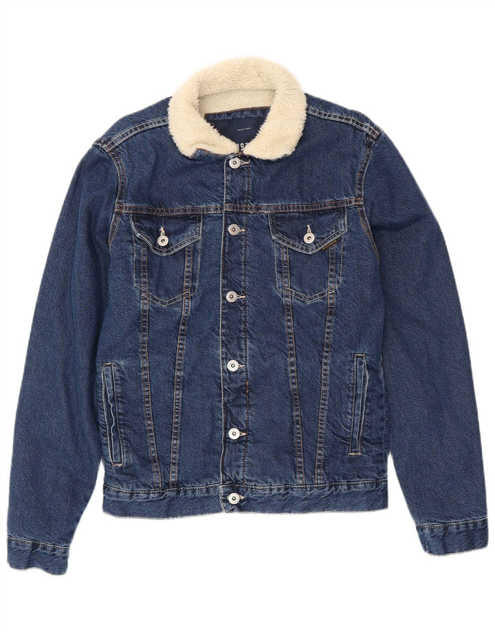 Jaqueta jeans masculina Sherpa ZARA Reino Unido 40 grande algodão azul marinho