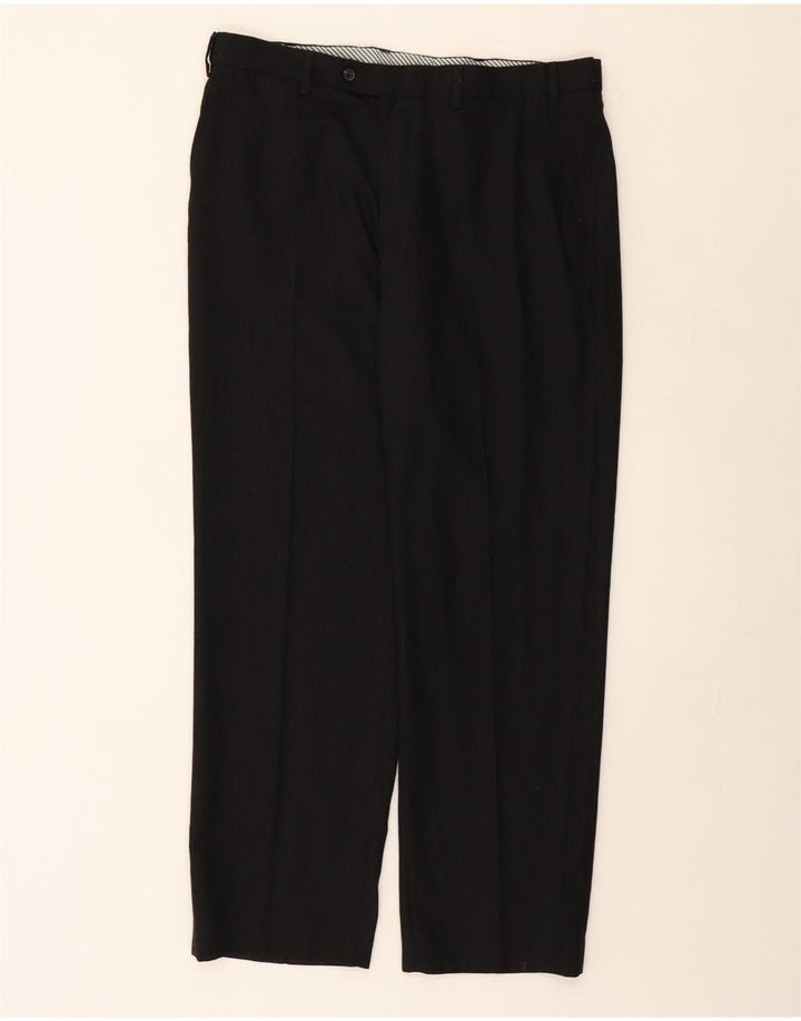 Calça masculina de terno reto Marks & Spencer W36 L31 preta listrada de lã