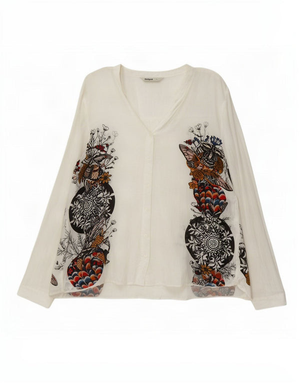 Blusa feminina Desigual com estampa gráfica UK 18 XL branca floral viscose